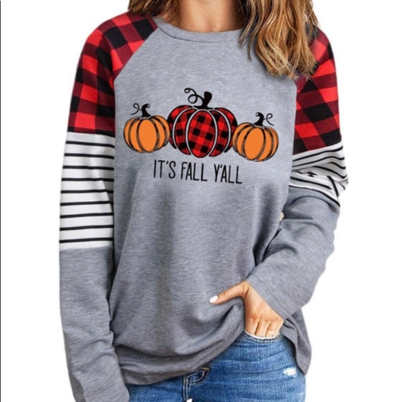 Only 2 left! Fall Pumpkin Graphic Plaid Long Sleeve Pullover! - Picture 5 of 6